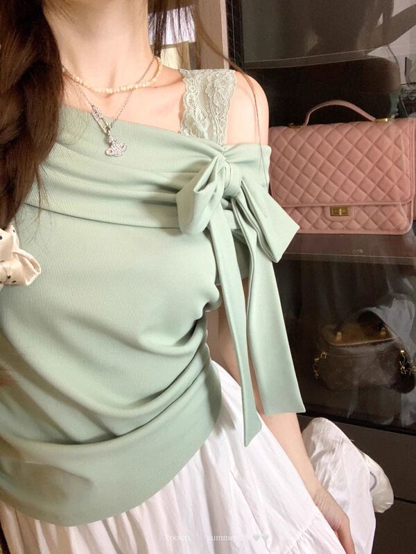 Short-Sleeved T-Shirt for Women 2025 Summer New Style, Beautiful Ins Waist-Cinching Shirt, Asymmetrical Green Slanted Shoulder Off-Shoulder Top