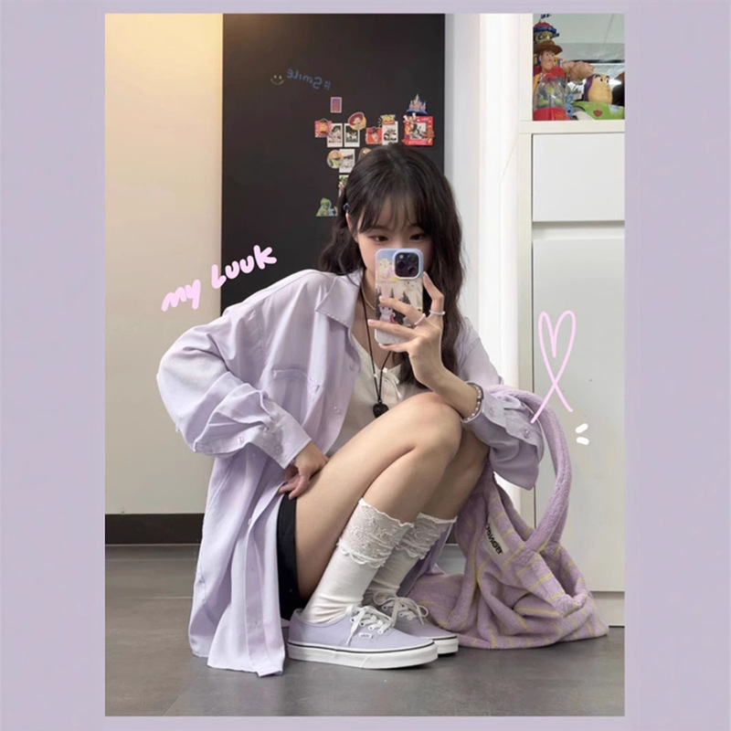 Shirt Taro Mud Wave Purple New Denim Long-Sleeved Shirt for Women Early Spring Korean Design Outer Top Versatile Shirt Taro Mud Wave Purple New Denim Long-Sleeved Shirt for Women Early Spring Korean Design Outer Top Versatile