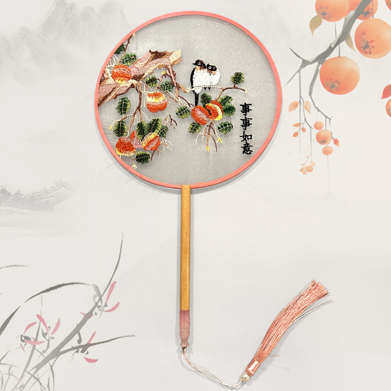 Abanico de grupo bordado Abanico redondo clásico Abanico de palacio Hanfu chino Estilo antiguo Mango largo Borla Cheongsam Ventilador de baile de seda transparente