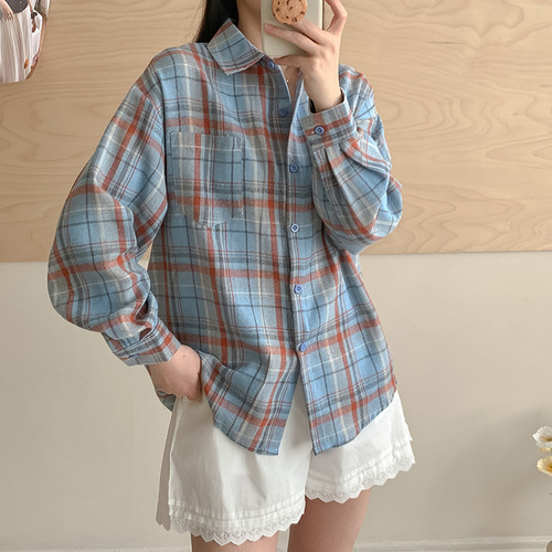 Spring and Autumn Grid Shirt for Women - New Hong Kong Style Loose Fashion Trend Top - American Retro High Street Design Sensory Blouse
