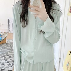韩国ins女士春秋小V领睡衣女秋季长袖针织家居服新款甜美套装女