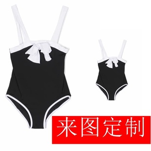Children and Girls Xiaohongshu Elegant Black Bow Parent-Kids Clothing Swimwear Sunscreen Uv Swimming Cap Swimsuit Factory