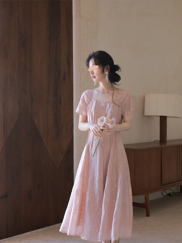花栗鼠小姐 设计师裙 私藏系列方领连衣裙夏季女意境美感日常长裙|undefined