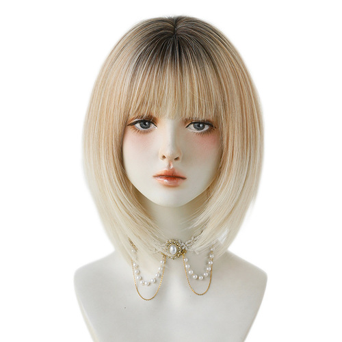 Stylish Short Fake Hair for Women's Headwear—White & Beige, Instagram & Xiaohongshu Inspired, Bobo-Style with Japanese-Style Bangs