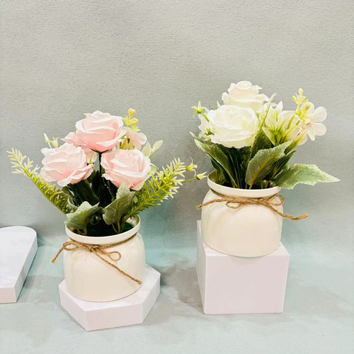 Three roses small flanged pot bonsai combination simulated plant potted Nordic style home desktop decoration ornaments