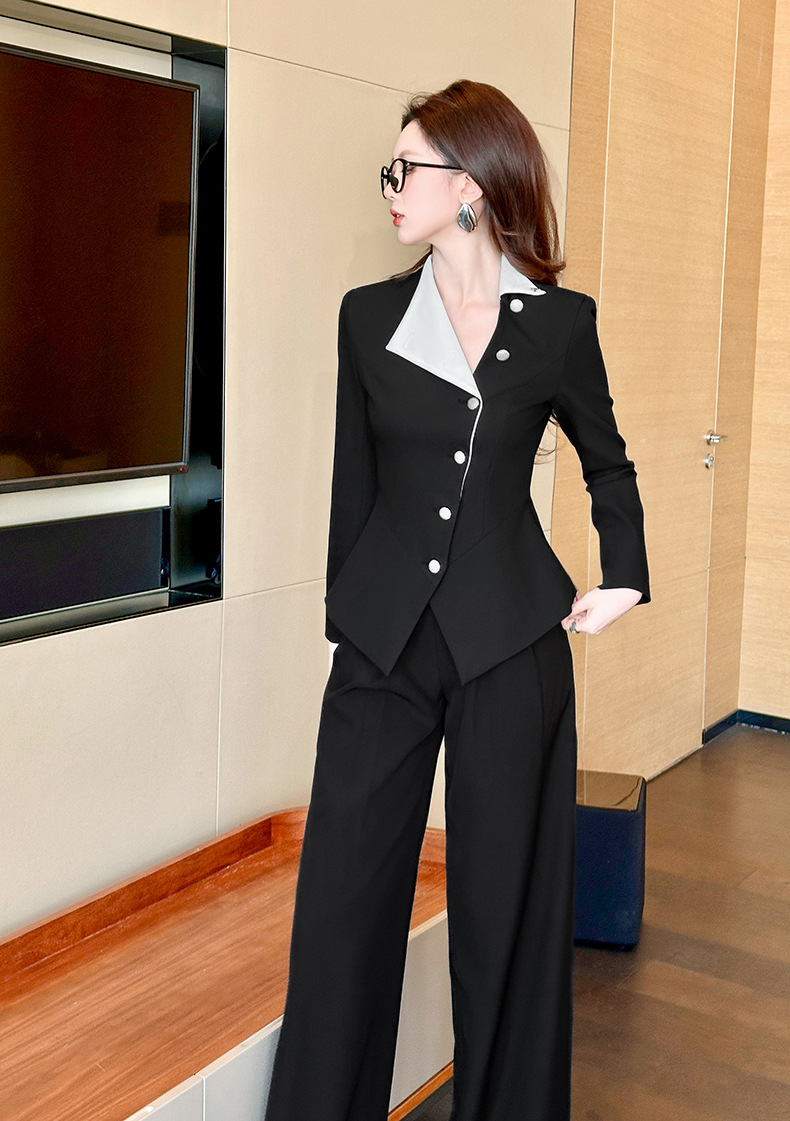 Áo blazer nữ đen trắng phối màu thắt lưng, kiểu dáng công sở hiện đại — đen chi tiết 10