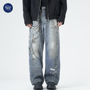 Muqiu Men's Wear ∠ American High Street Printed Chain Retro Waste Earth Style Jeans Men's Loose Trendy Brand Wide Leg Pants