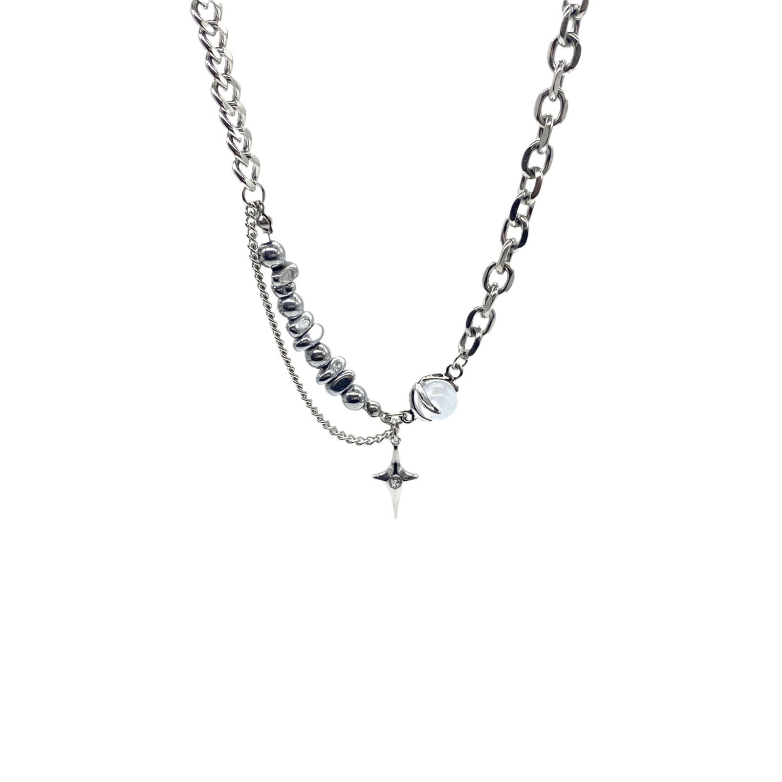 Moonstone Double Layer Cross Necklace Unisex High End Design_voghion.com
