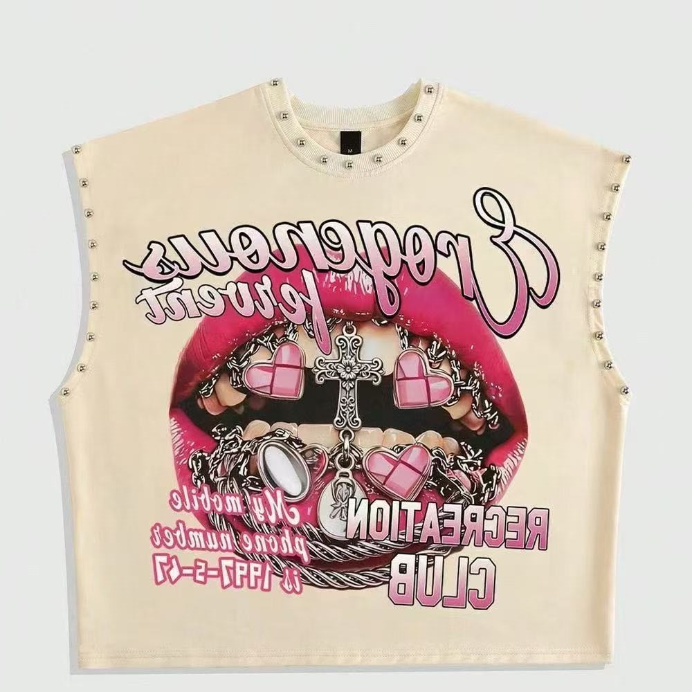 Fc1428 European and American Cross-Border Spring and Autumn Retro Lip Print Rivet Casual Vest Sexy Hot Girl Other Short-Sleeve Tops