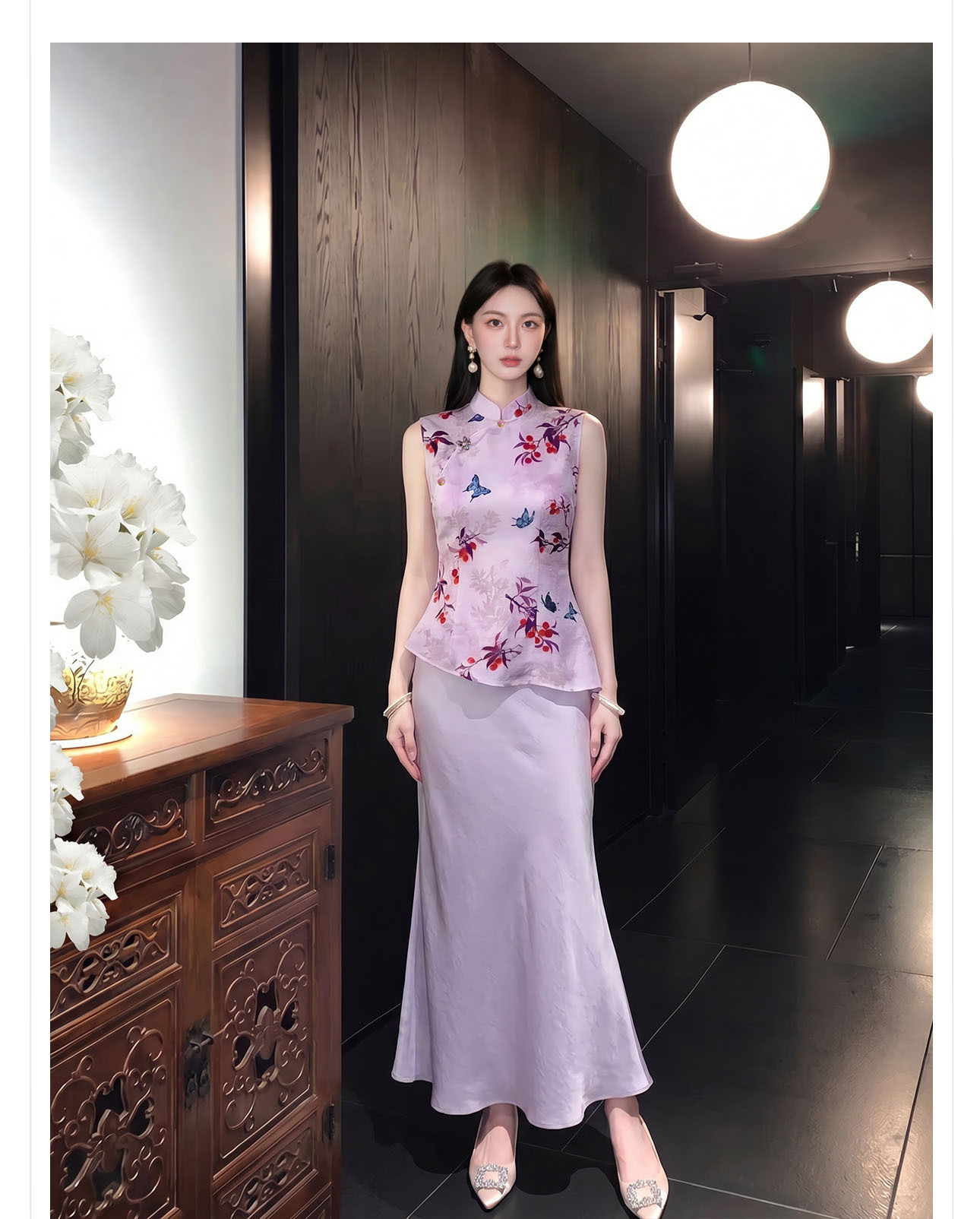 Áo gile nữ cổ đứng không tay họa tiết thêu hoa văn quốc phong — màu tím chi tiết 8