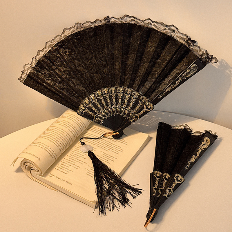 Nuevo abanico plegable de encaje chino para niñas, cheongsam de verano, abanico plegable portátil, abanico de borla Hanfu de estilo nacional