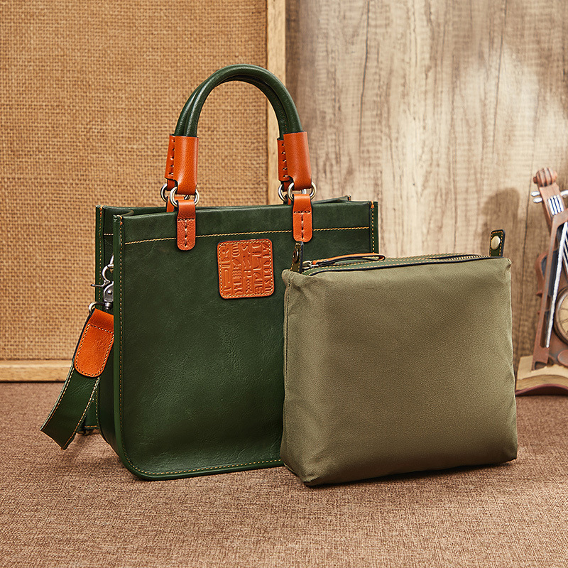 Genuine Leather Bag for Women 2025 New Retro First-Layer Cowhide Simple Contrasting Color Shoulder Bag Crossbody Bag Satchel Mother-In-Law Bag