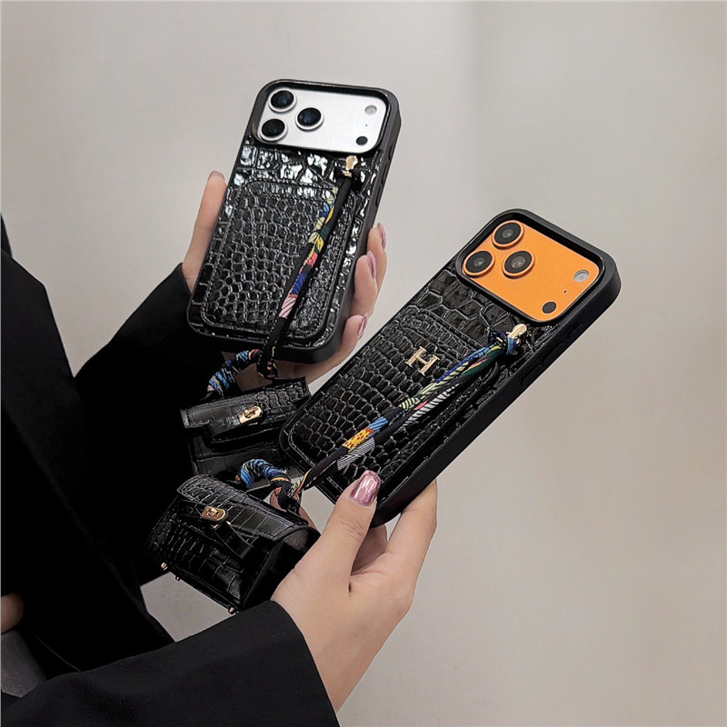 Trendy Brand Suitable for Apple 17 Mobile Phone Case Iphone16Pro Crocodile Mobile Phone Case Pattern Card Holder + Headphone Cover 15 Trendy Women