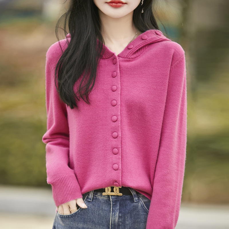 New Year Solid Color Hooded Sweater Women's Autumn and Winter Lazy Style Western Style Age-reducing Loose Slimming Knitted Cardigan Outer Wear Top