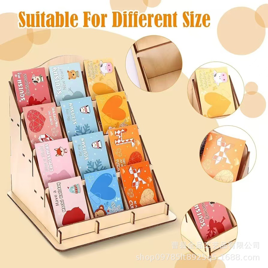 Soporte de exhibición de etiqueta de estante de 12 rejillas de madera transfronteriza Soporte de exhibición de tarjeta de felicitación de tarjeta de 4 capas Soporte de exhibición de mostrador minorista