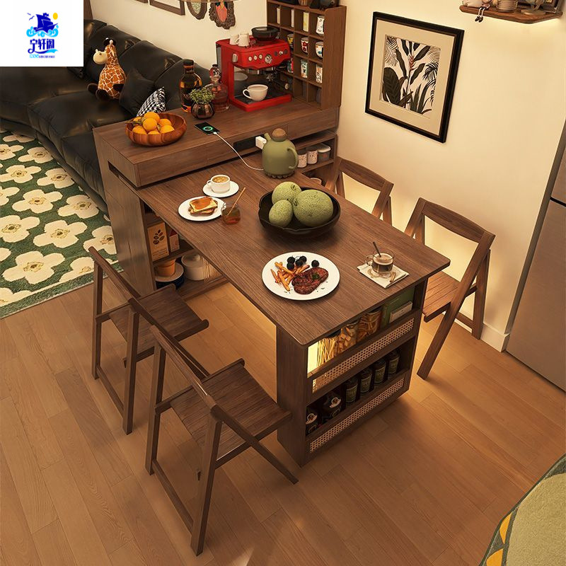 Solid Wood Walnut Color Antique Rotating Island Table Integrated Retractable Small Apartment Sideboard Bar Table