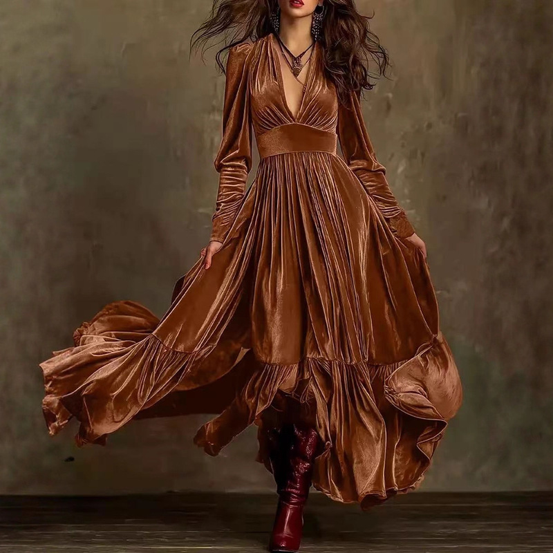 2025 Cross-Border Amazon Autumn and Winter New European and American French Retro V Neck Velvet Ruffled Large Hem Dress for Women
