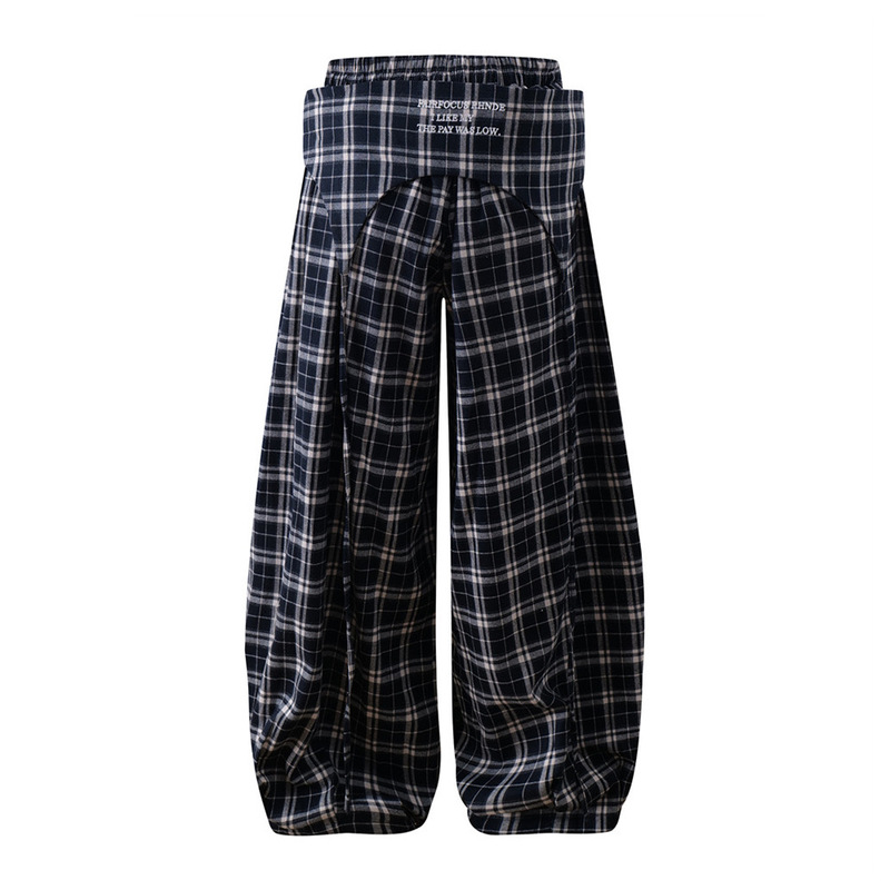 トレンディなニッチチェック柄シミターパンツメンズバイブファッションハイストリートプリーツデザインシルエットルーズワイドレッグパンツ|undefined