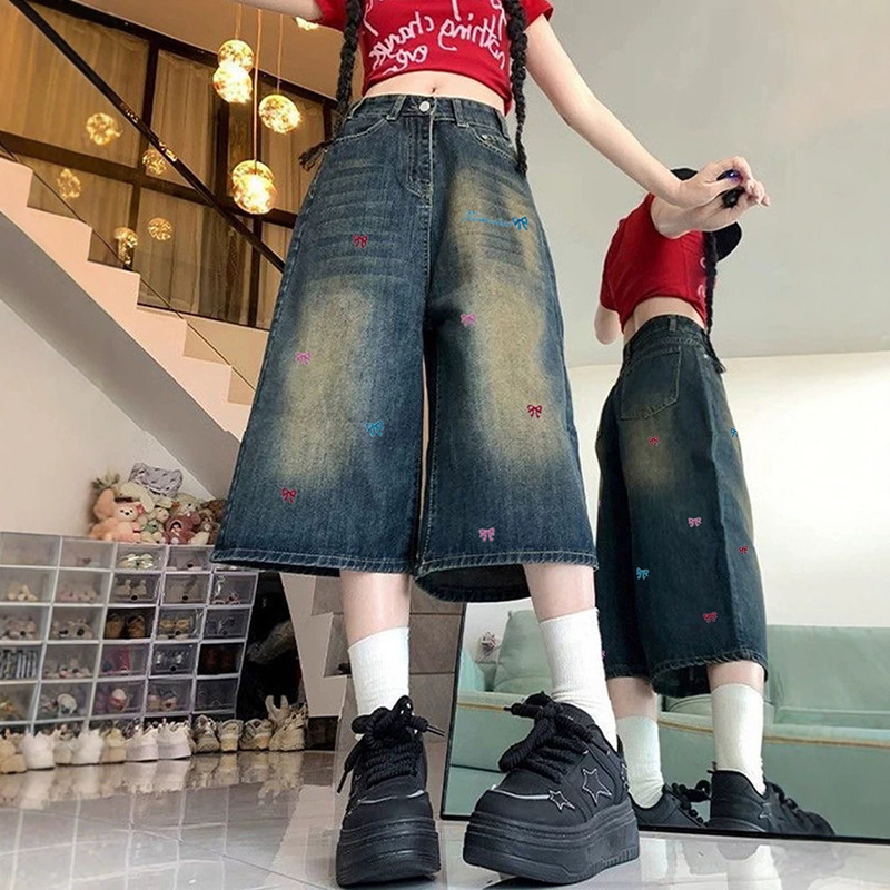 American Retro Denim Cropped Pants for Women, Summer Pear-Shaped Slimming Loose Casual Straight Wide-Leg Cropped Jeans for Women