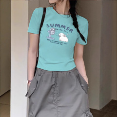 2025 夏の新漫画かわいいウサギのプリントデザイン半袖 Tシャツカジュアル多用途半袖トップ女性のための