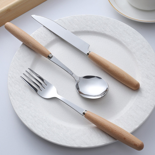 Japanese-style wooden-handled stainless steel knife, fork, and spoon set, Western-style steak knife, wooden and stainless steel dining utensils, soup spoon, fruit, and dessert fork