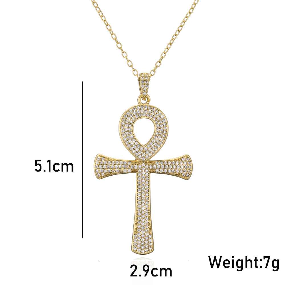 Retro Fashion Anka Cross Pendant Copper Plated Real Gold Zircon Necklace Religious Jewelry