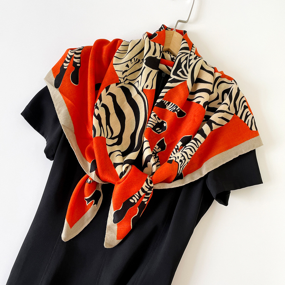 Large 90cm Square Scarf Zebra Print European American Fashion Herringbone Pattern Women's Shawl Retro Headscarf_voghion.com