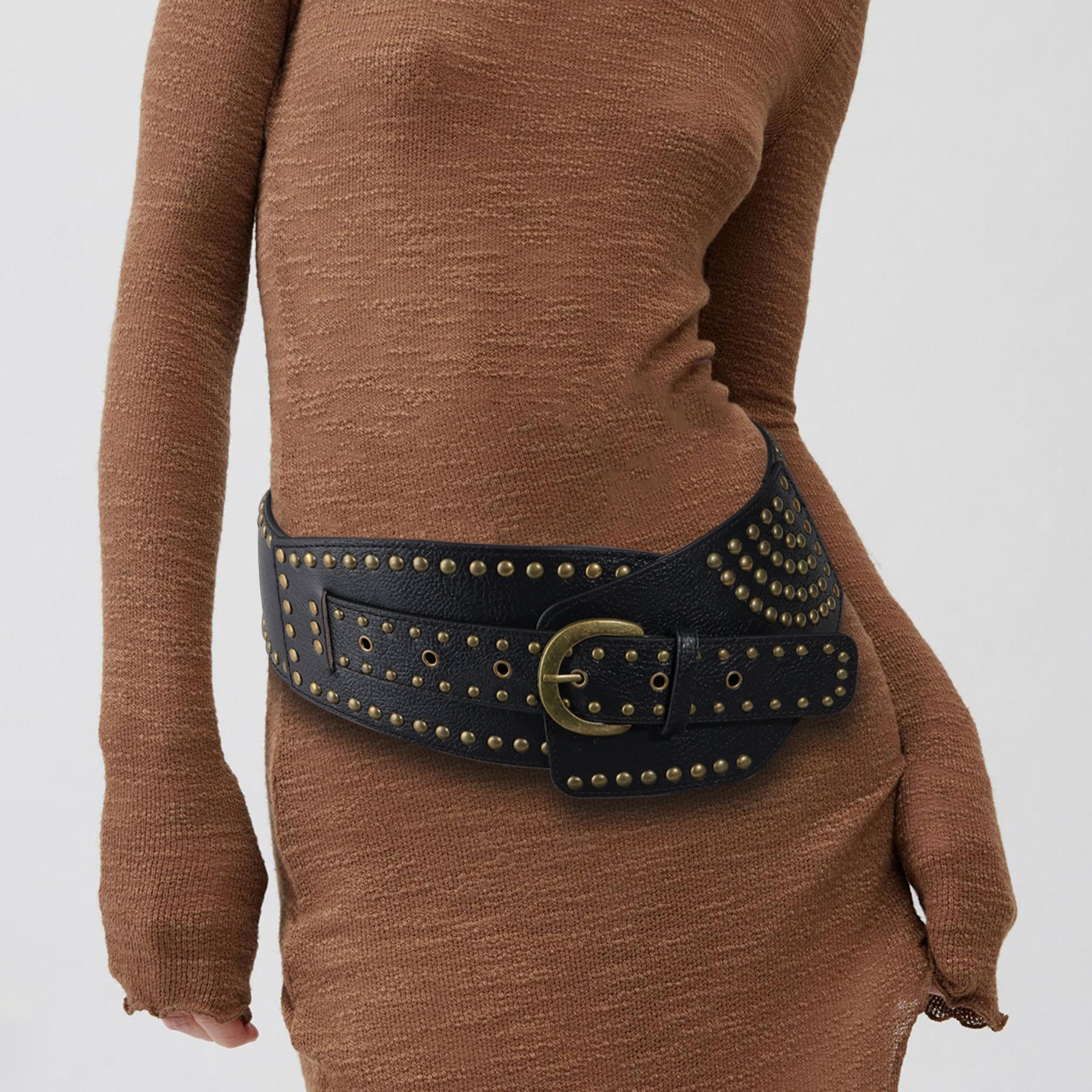 Nuova cintura transfrontaliera, coprivita Spicy Girl con rivetti punk decorativo gonna tendenza industria pesante occidentale abbinata a fibbia ad ago per cintura accattivante_voghion.com