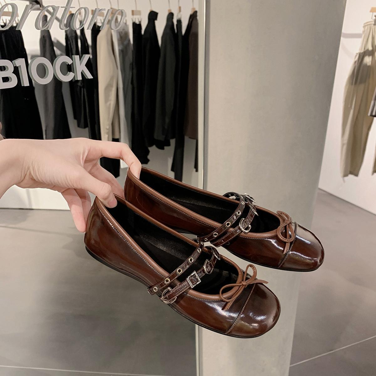 Grape Mom studiolee Bow Shallow Mouth Small Round Head Ballet Shoes All-match Buckle Mary Jane Shoes Women's Autumn