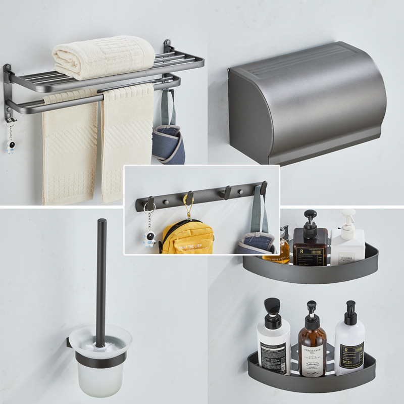 Rack de toallas grises de pistola sin perforación Rack de toallas de baño Rack de artículos de baño de pared Baño de baño Ingeniería de accesorios de baño
