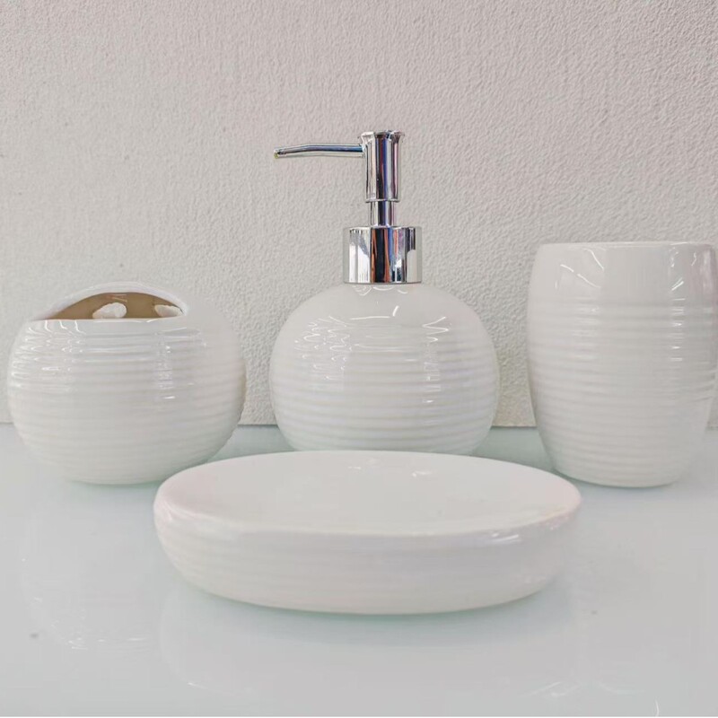Ceramic Solid Color Bathroom Four-Piece Set Bathroom Supplies Lotion Bottle Toothbrush Holder Cup Soap Dish Hand Sanitizer
