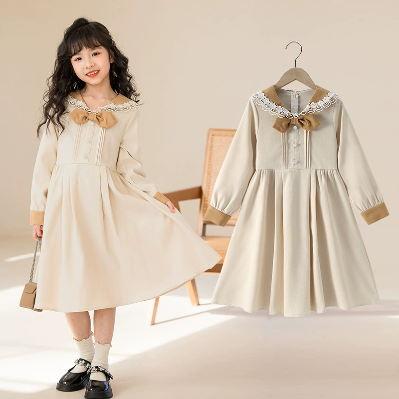 Autumn dress, fashionable bow tie, long-sleeve for leisure, skirt, western style, for teenagers