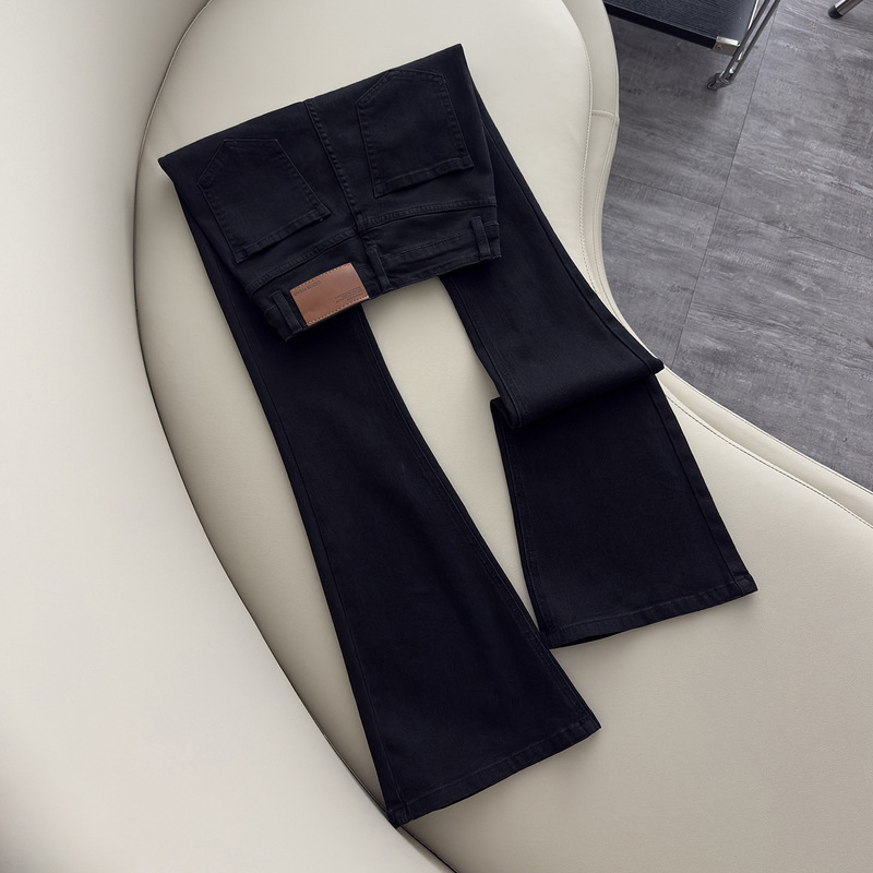 2025 Spring and Autum New Black Velvet Bootcut Jeans for Women High-Waisted Slim Stretch Floor-Length Flared Long Pants