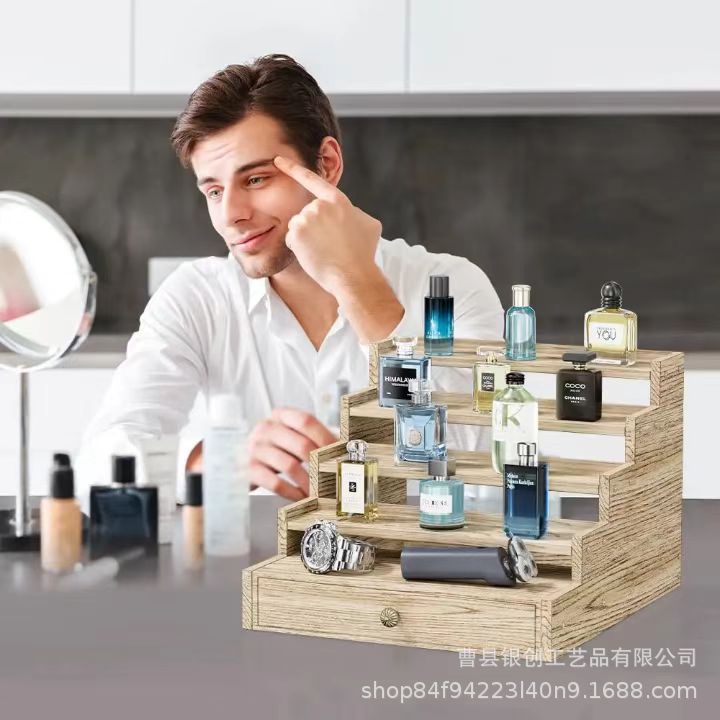 木质多层男士香水摆放架带抽屉桌面化妆品储物架实木香水陈列架