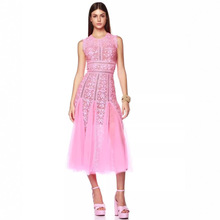 欧美大牌新款女神范网纱刺绣连衣裙名媛气质背心长裙派对晚礼服