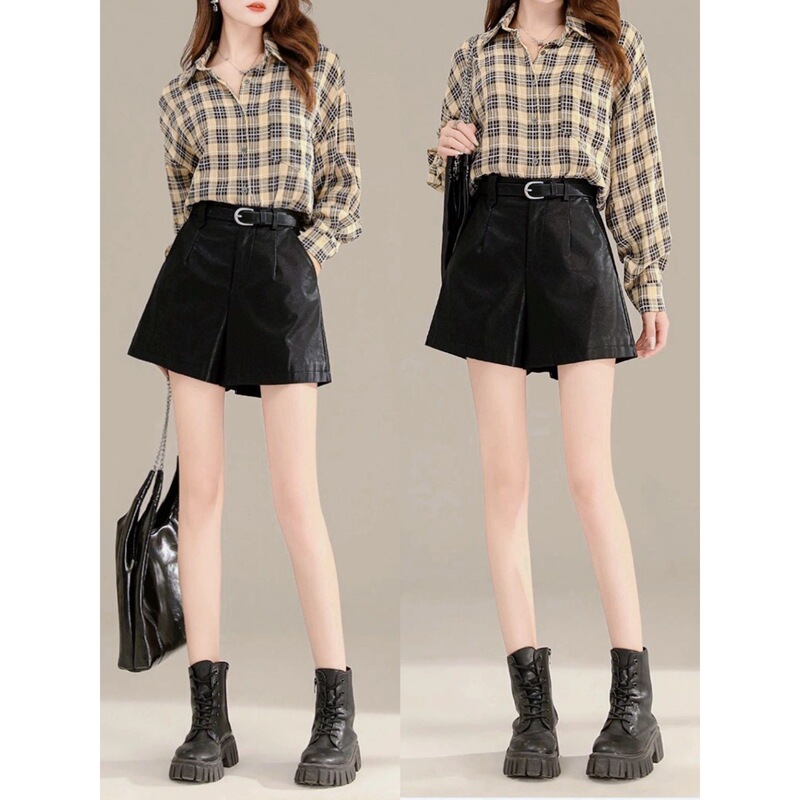 Plus-Size Korean-Style Black High-End Pu Leather Shorts for Women, New Spring and Autumn Wide-Leg Leather Pants, High-Waisted A-Line Boot Shorts