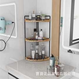 木质浴室台面架子双层木质角落架复古浴室用品杂物整理收纳架跨境