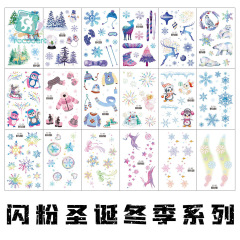 卡通新款跨境閃粉紋身貼防水聖誕雪花兒童紋身貼紙廠家直銷批發