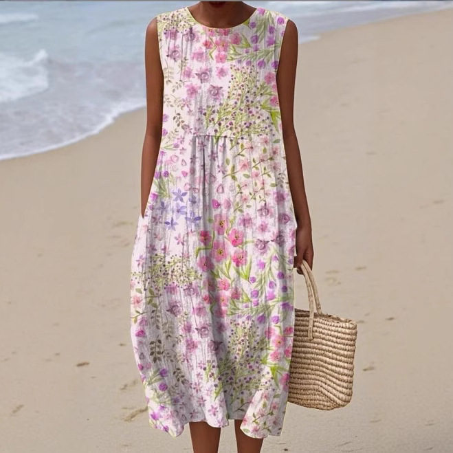 2026 European and American Spring and Summer New Style Sleeveless Casual Printed Elegant Long Dress Slim Fit Fresh Casual Dress