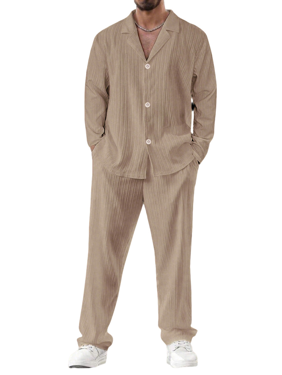 Nuevo transfronterizo de verano para hombres nuevo color sólido de mangas cortas camisa de mangas largas pantalones largos sueltos traje casual