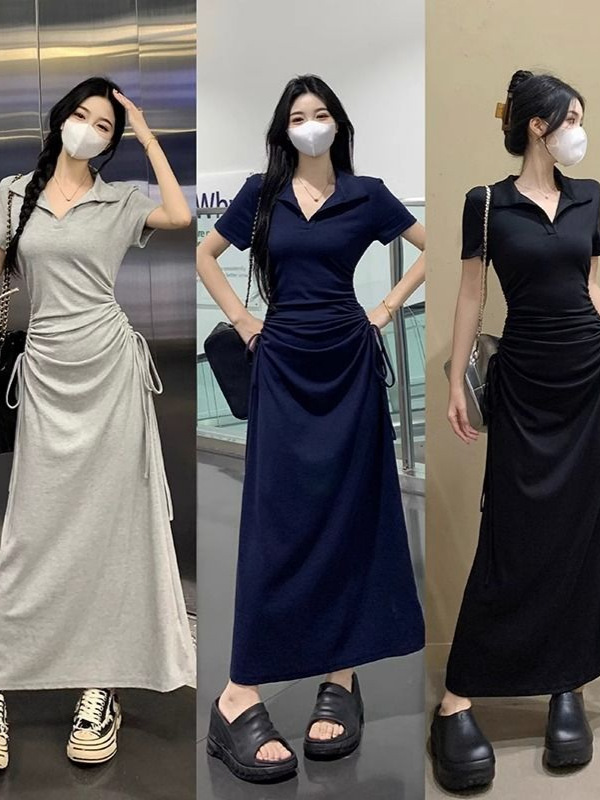 Plus-Size Short-Sleeve Dress for Women, Summer 2026, Waist-Cinching, Slimming, Polo Collar, Long Dress, Bodycon Skirt for Plus-Size Women 125kg