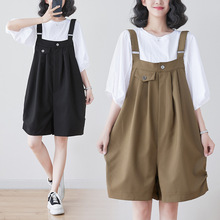 实拍大码紧密斜纹显瘦宽松直筒背带短裤搭配白色灯笼袖上衣两件套