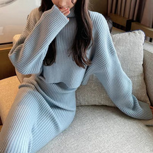 2025新款秋冬慵懒风高领毛衣女减龄修身两件套加厚套头针织裙套装