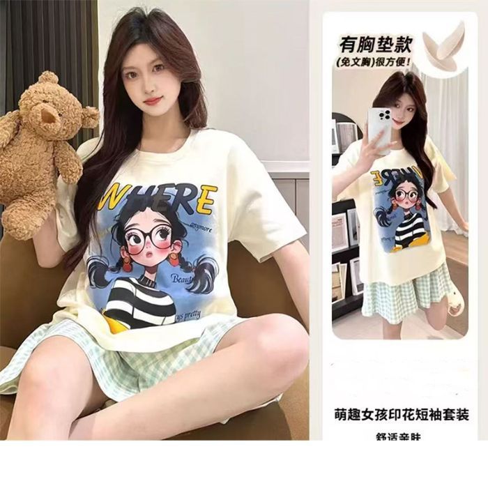 Pijamas transfronterizos al por mayor con almohadillas para el pecho, pantalones cortos de manga corta para mujer