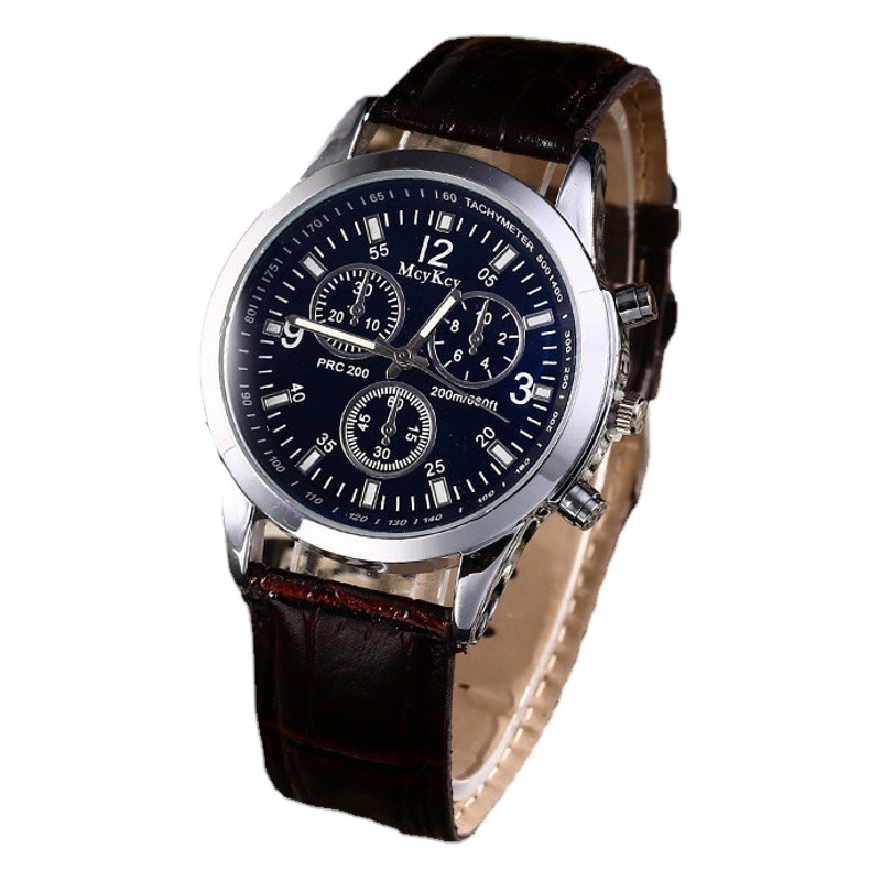 En stock Venta caliente de tres ojos luz azul correa de vidrio reloj de los hombres reloj de regalo reloj de cuarzo de los hombres al por mayor de la fábrica