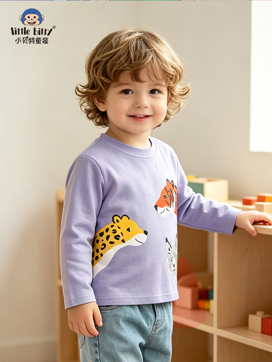 Casual and fashionable autumn and winter 2026 children's top, cartoon animal round-neck printed long-sleeve T-shirt for boys
