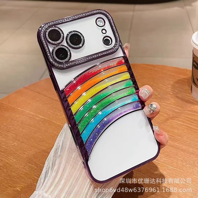 适用iPhone17promax立体流沙彩虹手机壳苹果16闪钻电镀全包保护套|undefined