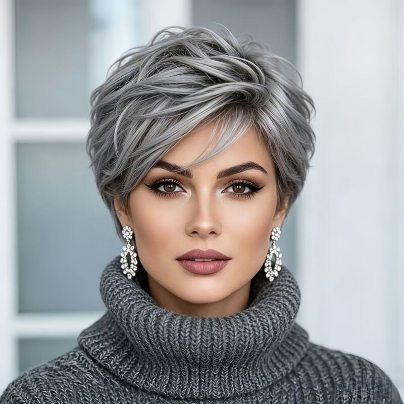 2026 Cross-Border Popular Hot-Selling European and American Wigs on Various Platforms, Gray Short Curly Wig with Side Bangs, Synthetic Fiber Wig Wholesale 2026 Cross-Border Popular Hot-Selling European and American Wigs on Various Platforms, Gray Short Curly Wig with Side Bangs, Synthetic Fiber Wig Wholesale