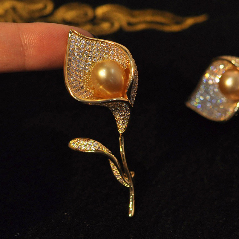DIY accessories high-end Tulip brooch female copper micro inlaid zircon thick gold-plated flower pin Pearl corsage empty support