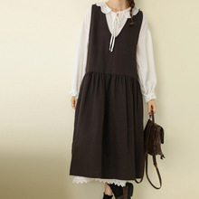 韩国东大门V领厚麻背心裙 日系女装宽松大码无袖长裙外穿连衣裙秋